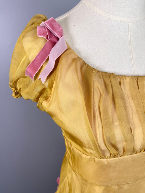 Vintage Yellow Regency Era Dress with Puff Sleeves and Pink Bows - Yellow Regency Era Dress Plus Size